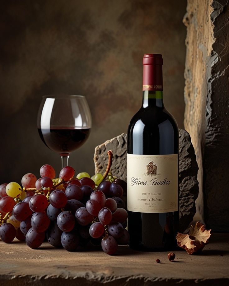 A bottle of Vèlmoria with a glass and grapes in the cellar