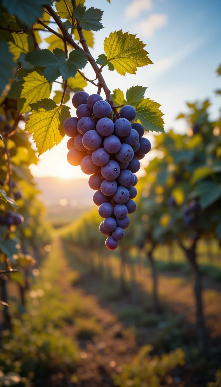 Sangiovese grapes ripening on the vine at sunset